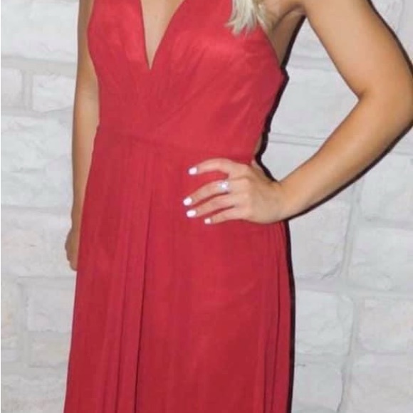 Red prom Dress with hip slit. Low back with criss cross lace up back. - Picture 12 of 12